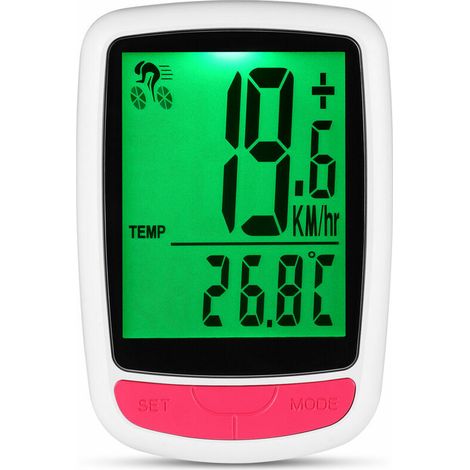 Green Mobility-Compteur de vitesse sans fil pour bicyclette Compteur de vitesse en chinois et en anglais Compteur kilométrique à DEL super brillante à réveil automatique,boîtier blanc avec bouton roug (1/5)