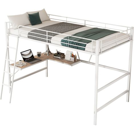 Lit mezzanine 90x200 cm en métal blanc avec bureau en L, étagère, échelle stable et sécurité EN747, gain de place pour chambre d’enfant ou ado – CHICFURN (1/5)