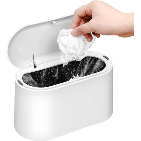 Mini poubelle de bureau avec couvercle, couvercle escamotable à bouton-poussoir, petite corbeille à papier, blanche (1/5)