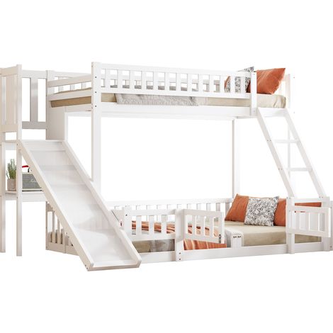 Lit superposé 140 x 200 cm avec toboggan, étagères, échelle et trappe coulissante, structure pin et MDF blanc, certifié EN747 CHICFURN (1/5)
