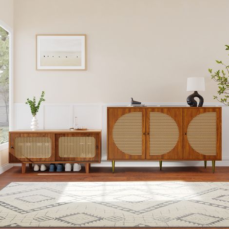 Ensemble buffet et meuble à chaussures, meuble de cuisine salon, extérieur en rotin, multiples espaces de rangement, marron (1/5)