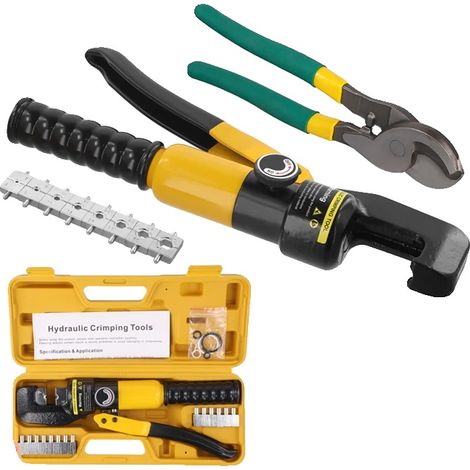 Pinza crimpatrice idraulica, forza massima 10 tonnellate, corsa di crimpatura 12 mm, compatibile con cavi da 12 AWG a 2/0 AWG, tagliafili incluso, certificazione CE. (1/5)