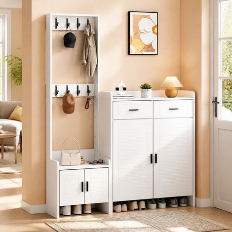 Mueble de entrada 125 x 32 x 165 cm con 2 puertas, 2 cajones y 8 ganchos DESVIAE (1/5)