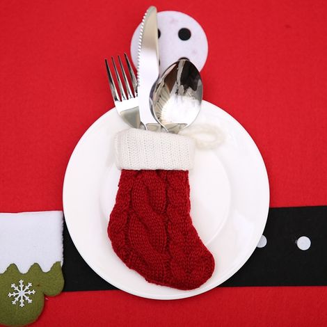 Lot de 2 couvre-couverts de Noël tricotés, en forme de chaussette de Noël, pour couteau et fourchette - Décoration de Noël (1/5)