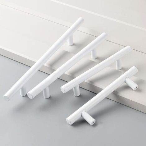 Lot de 4 Poignee Meuble Blanc,Ø12mm Poignée de Meuble Boutons de portes Cuisine Blanc T Poignées Placard Tiroir, Entraxe 128mm (1/5)