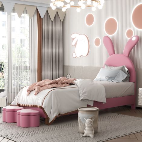 Lit 90x200 avec bancs de rangement, velours rose HAVRYA (1/5)