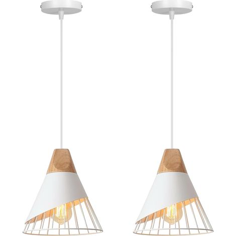Suspension Luminaire Moderne Industrielle Bois Lustre Abat-jour Métal Vintage forme Cage Ø25cm Plafonnier E27 Design pour Cuisine Chambre Salon (Blanc-2pcs) [Classe énergétique A]