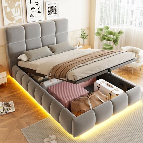 Letto imbottito 90 x 200 cm grigio con LED e contenitore, in velluto con testiera morbida (1/5)