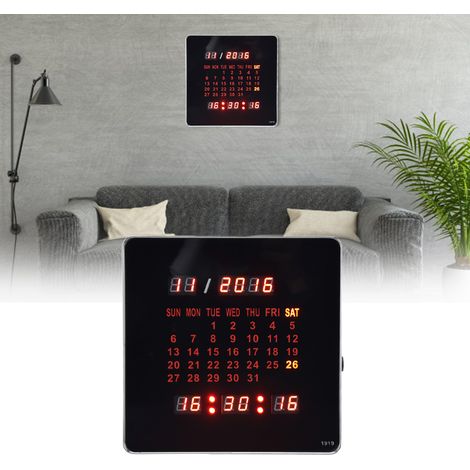 Reloj de pared digital LED con alarma y calendario, aluminio y plástico, 20 cm, negro. (1/5)