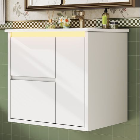 Mueble lavabo suspendido 61x46,5x57 cm con LED sensor, 2 cajones, 1 armario soft-close, cerámica MDF blanco (1/5)