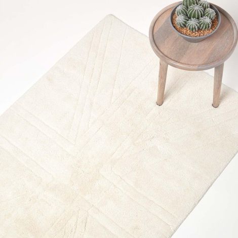 HOMESCAPES Cotton Tufted Rug Union Jack Plain Embossed Mat Ivory Cream,90 x 150cm