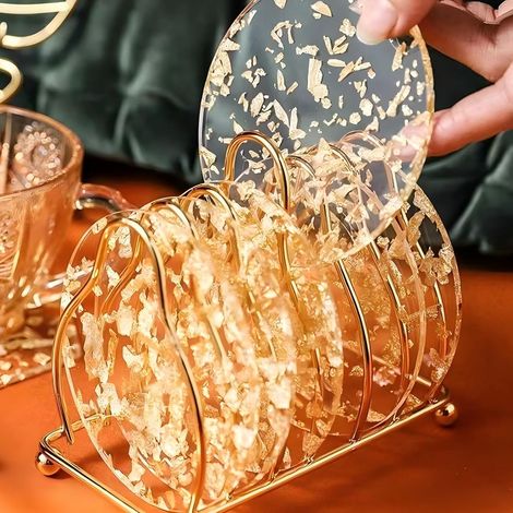 APEX Dessous de Verre, 6 Pcs Feuille d'or Transparente Dessous de Verre Rond, sous Tasse a Cafe, Tapis de Tasse Antidérapants (1/5)