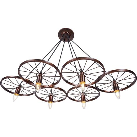 HAUTOUR Plafonnier rétro à 6 roues - En métal - Style rustique - Avec carrosse - E27 (non incluses) - Pour décoration d'hôtel, salons, salles à manger (1/5)