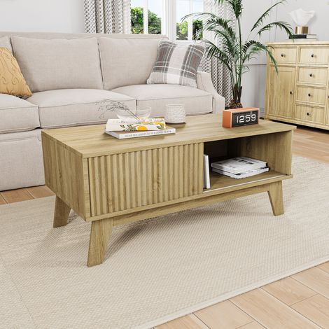 Couchtisch 95x41x48cm – Couchtisch mit Schiebetür mit Lamellen und offenem Fach – Natur-Stil – Braun