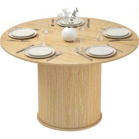 Runder Esstisch für 5 Personen, Ø 120 x 75 cm, Massivholz, naturbelassener, kannelierter Zylinderfuß