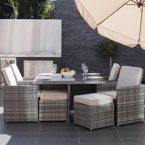 Abrihome Outdoor Rattan Garden Furniture Set 9 Pieces Dining Set Wicker Hand Weave Garden Table Chair Set, Grey (1/5)
