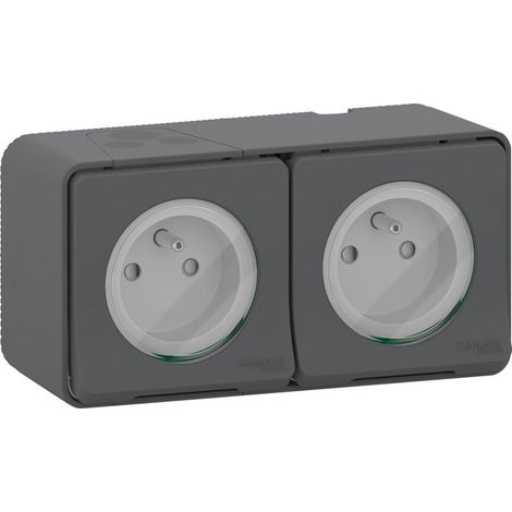 Schneider Electric – Double prise 2P+T en saillie IP55 – polycarbonate solide – résistance IK08 – pour environnements humides – Mureva