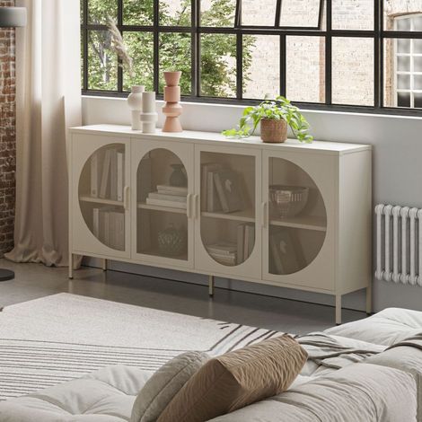 Drawer – Buffet en métal 4 portes réticulées crème 160x40x90 cm – Style industriel – 3 étagères spacieuses – Capacité 15 kg par étagère - 160x40x90H