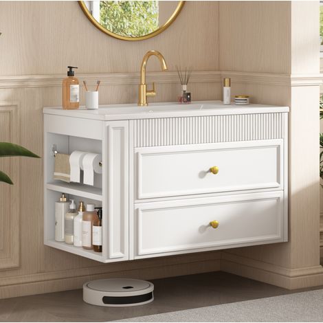 Mobile bagno sospeso 81 cm bianco lucido con 2 cassetti, vano laterale e lavabo in ceramica (1/5)