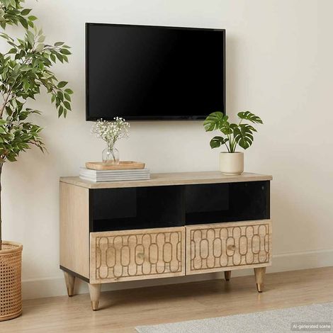 Meuble TV en bois de manguier massif sculpté, finition blanchie 70 x 33 x 46 cm - PANGIVO (1/5)