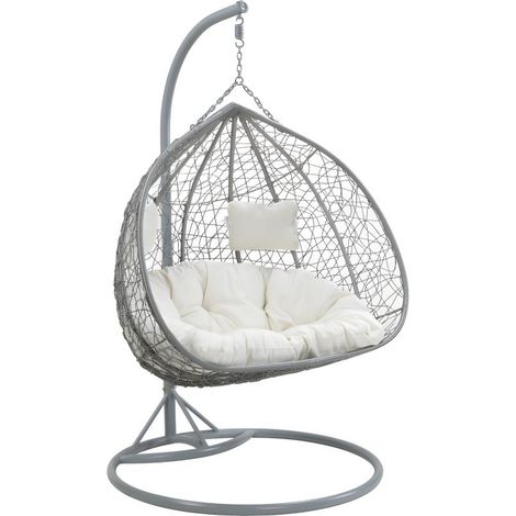 Poltrona sospesa 2 posti in resina intrecciata grigio con cuscino bianco - CAYAMBE