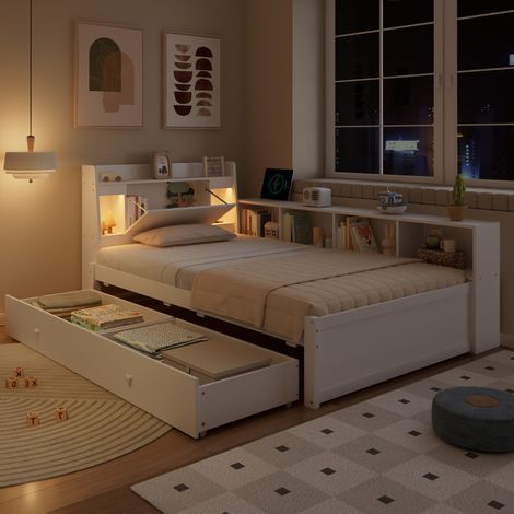 DESVIAE Lit simple panneau avec tête de lit à étagère 2 lampes prise de charge rangements latéraux 2 tiroirs sommier à lattes bois massif MDF blanc 90x200 cm (1/5)