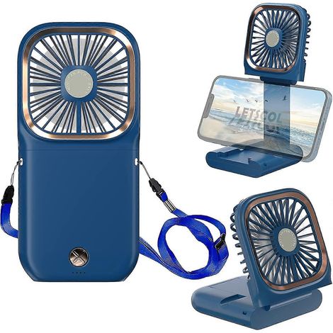 Ventilatore da collo, mini ventilatore portatile, ventilatore da tasca pieghevole, ventilatore da scrivania personale con power bank per donne adulte (blu) (1/5)