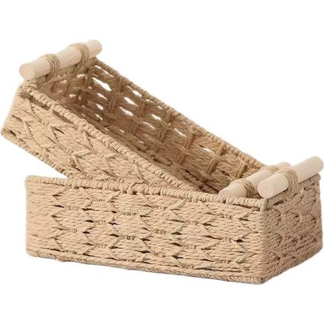 Panier carré en corde de papier avec poignée en bois - lot de 2 tailles différentes - couleur bois naturel - clés et produits cosmétiques panier en osier (1/5)