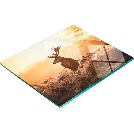 Planche à découper et à servir en verre, motif lever de soleil sur un cerf, 60 x 52 cm (1/5)