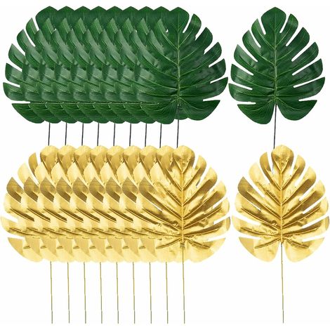 Set di 20 foglie artificiali di Monstera dorate con steli, ideali per decorare la tavola di una festa a tema giungla hawaiana. (1/5)