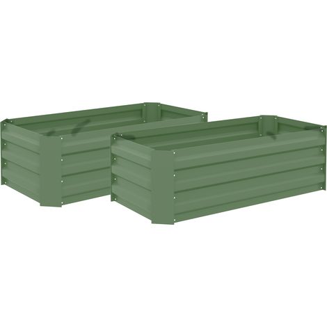 Lot de 2 bacs potagers en tôle d'acier ondulée vert, dim. 100x50x30 cm, pour jardin extérieur (1/5)