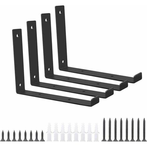 Black Metal Shelf Brackets, Set of 4 Heavy Duty Angled L-Shaped Shelf Brackets 200mm for Wall Mounted Books, Modern Shelf Brackets for Garage Workshop for Home MUMU (1/4)