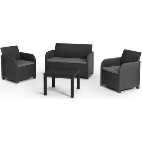 Allibert – Salon de jardin en résine 4 places – Banquette 2 places et 2 fauteuils – Table basse ergonomique – Gris graphite (1/5)