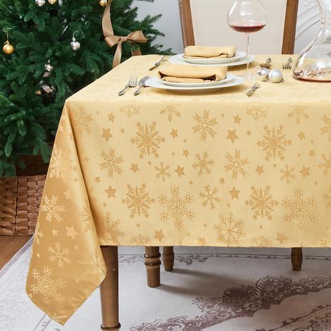 XXL nappe Noël 150x350 cm Or lavable Jacquard Étoiles & Flocon de neige