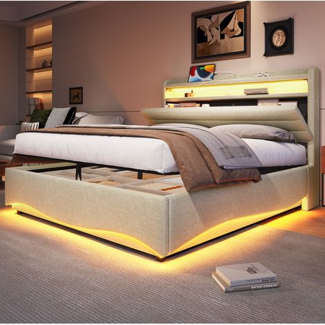 Letto contenitore 140x200 cm beige in lino con LED, prese USB e USB-C e sollevamento idraulico (1/5)
