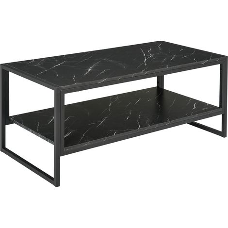Tavolino da caffè Irovami a due livelli effetto marmo, con struttura in metallo e ripiano contenitore, per soggiorno, 106 x 50 x 45 cm, nero.