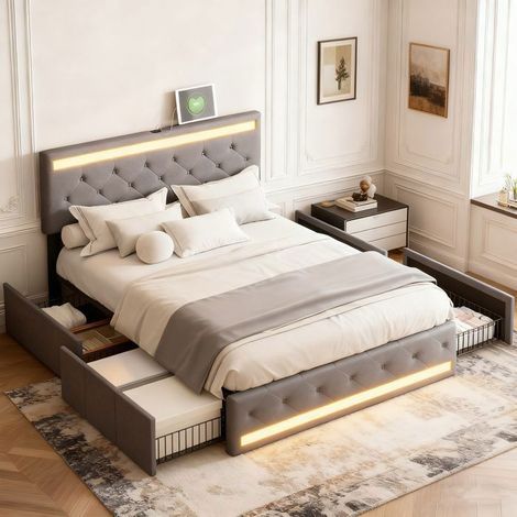 Letto 140x190 POCKETPOP grigio scuro - testata imbottita LED, 4 cassetti, USB, rete a doghe