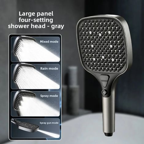 Pommeau de douche haute pression (gris) à 4 modes, panneau large de 15 cm, interrupteur à un bouton, convient à un usage familial.