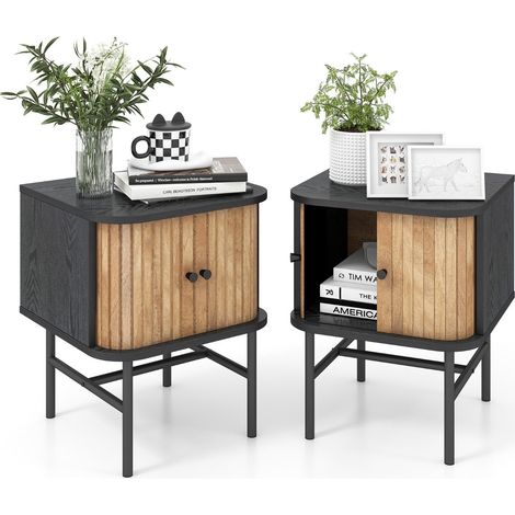 Set di 2 comodini moderni 40 x 39 x 49 cm con ante scorrevoli e piedini antiscivolo stile vintage legno nero 200009873