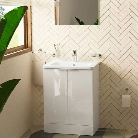 Vitra S20 Square Floor Standing 2-Door Vanity Unit and Basin 600mm Wide - High Gloss White (1/3)