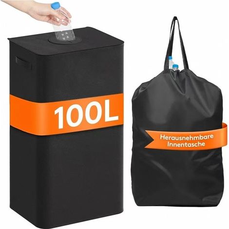 100L Noir Collecteur de Bouteilles avec Couvercle, Poubelle Tri Selectif pour Plastique, Bouteilles Verre, Poubelle Exterieur de Recyclage avec Trou, Poubelle Cuisine Rangement de Bouteilles (1/5)