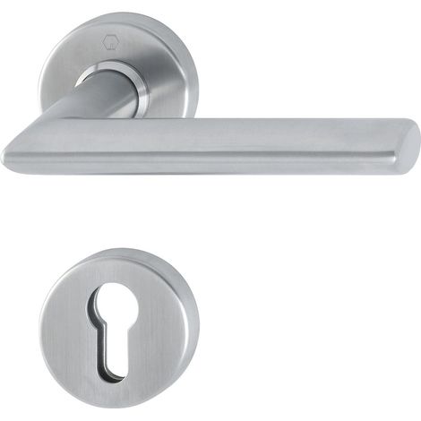 Poignée de porte Porte d'entrée à moitié de Stockholm, acier inoxydable mat, Clé Rosace Convient à bouton longue Plaque de porte Stockholm, épaisseur 67–72 mm, tige carrée 8 mm, rundrosette PZ, sécuri (1/5)