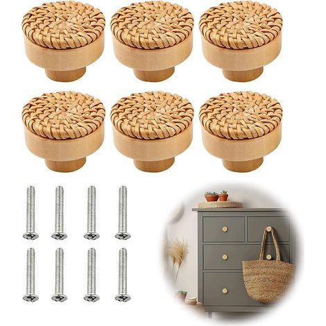 Set mit 6 Rattan-Möbelknöpfen, 40 mm, im Bohème-Stil, Türknöpfe für Kleiderschränke, Holzmöbelgriffe, Türknöpfe für Schränke, Schubladen, Wohnzimmer, Küchenschränke (1/5)