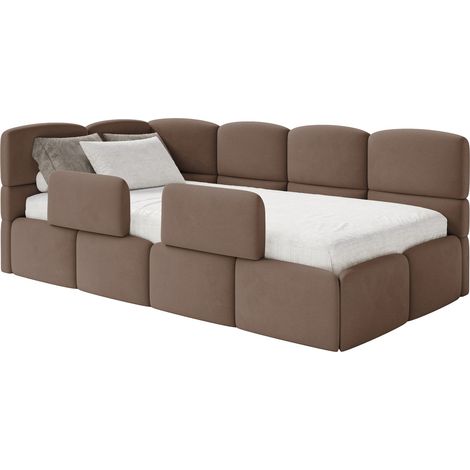 Selsey Cloudy – Kinderbett 120 cm, Bettkasten, 2x Rausfallschutz, Velours, links, Braun