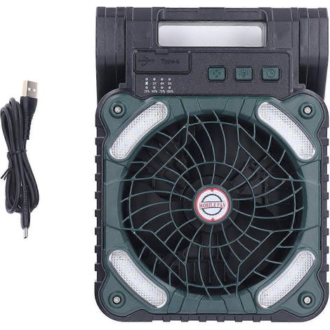 Solarbetriebener Ventilator mit LED-Licht, USB-Ladefunktion, 4 Geschwindigkeitsstufen, tragbarer Ventilator mit integriertem 5200-mAh-Akku