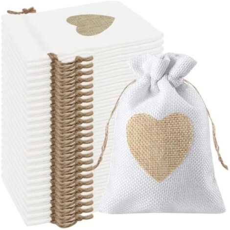 BUNTHAUS 24Pcs Motif de Coeur Sachets en Toile de Jute Pochettes 10x14CM, pour Dragees Mariage pour Bonbons Adeaux Cadeau Baptême Anniversaire Noël Petit (Blanche) (1/4)