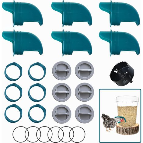1 Mangeoire 6 Ports + Scie Cloche, Système Gravité, Matériau Sans BPA, Pour Poulets Canards Oies (1/5)
