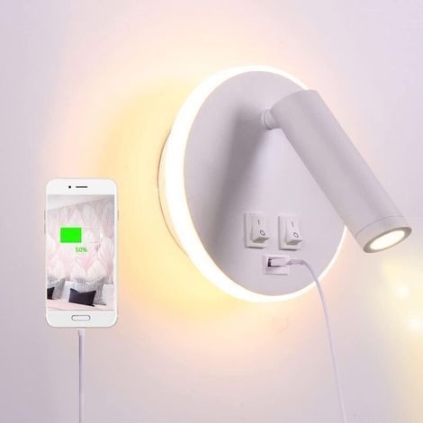 Lampe de chevet LED avec port de charge USB, applique murale d'intérieur, avec interrupteur, blanc 3 W + 8 W (USB rond) (1/5)