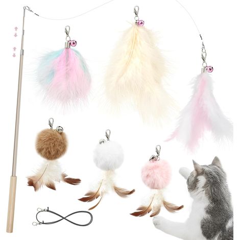 Jouet à Plumes pour Chat – 7 Pièces Jouets Chat Lot, 1 Rétractable Canne a Peche Jouet avec 6 Plumes Rechange avec Cloches, Jouet Interactif pour l'intérieur Chats et Chatons, Rose (1/5)
