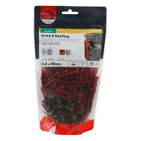 TIMCO Red Plastic Plugs with Screws - 30mm Red Plug, 4.0x40 Screw